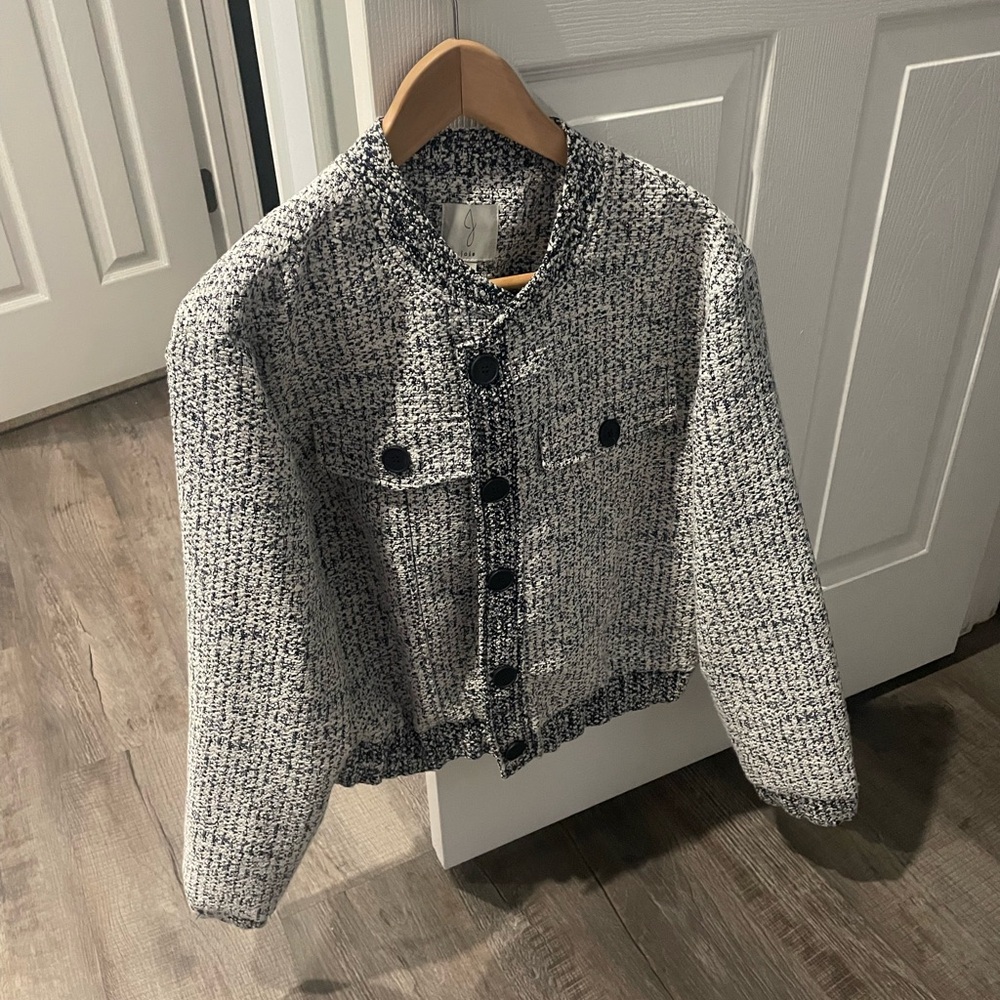Joie Blue and White Tweed Bomber Jacket